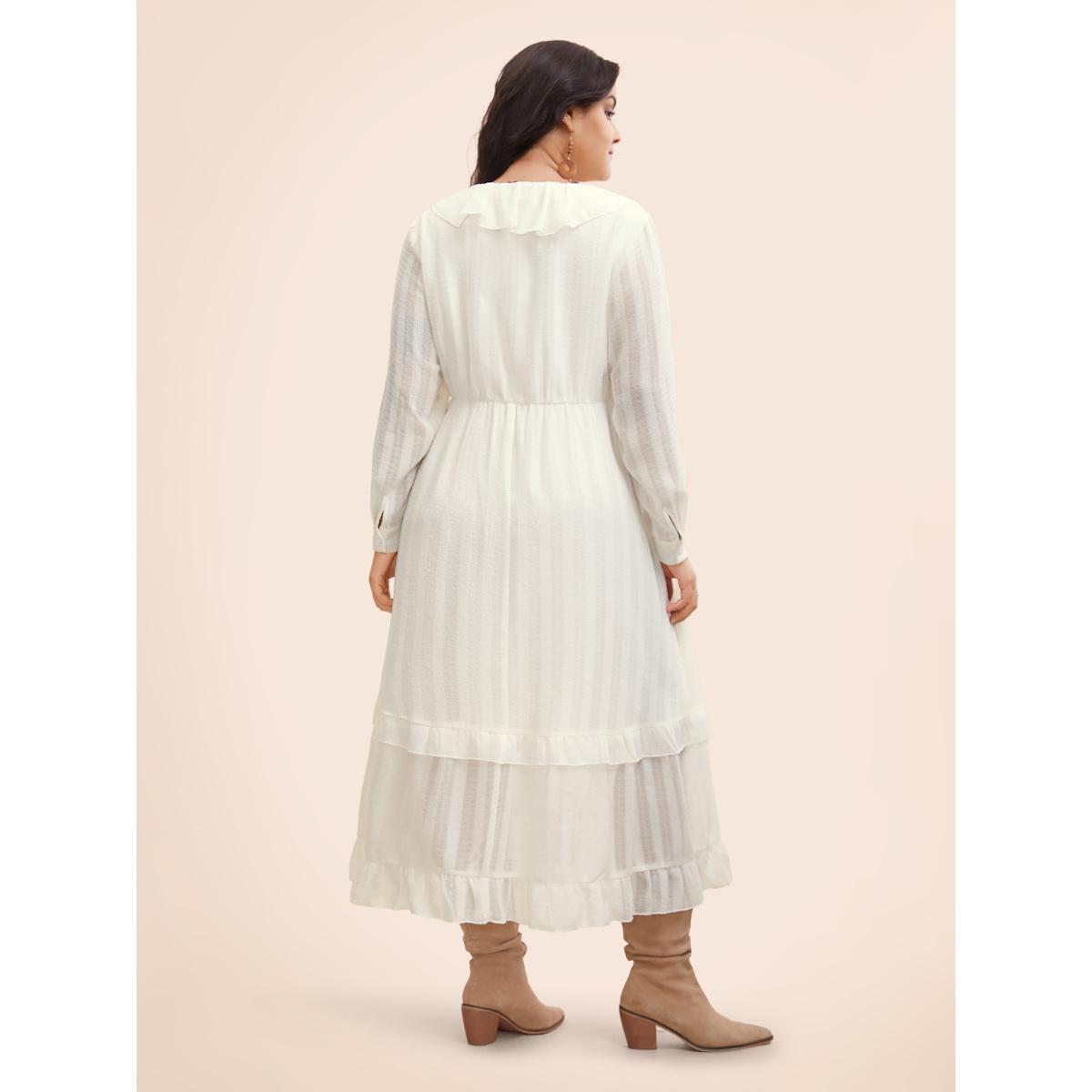 Plus Size Chiffon Lotus Leaf Collar Tiered Midi Dress Ivory Women Resort Texture V-neck Long Sleeve Curvy BloomChic 14-16/1X Product Image