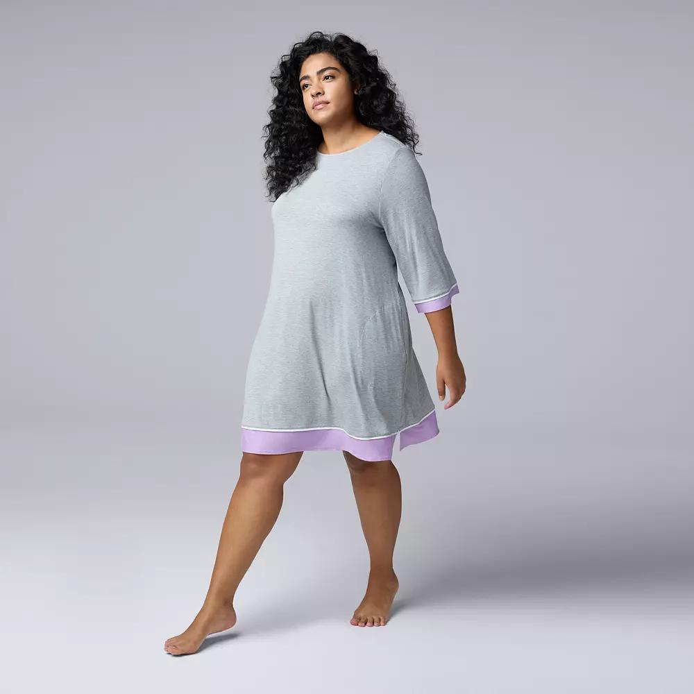 Plus Size Simply Vera Vera Wang 3/4 Sleeve Crewneck Sleepshirt, Women's, Size: 2XL, Grey Grey Product Image