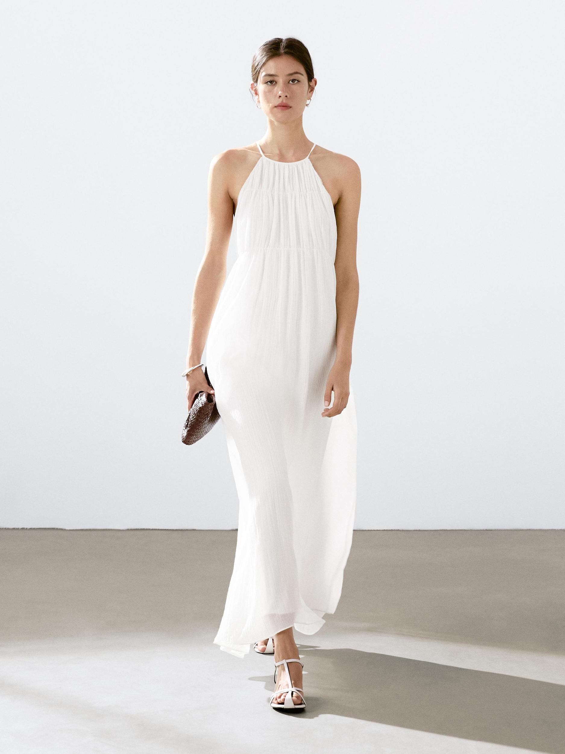 Long pleated dress with gathered detail Product Image