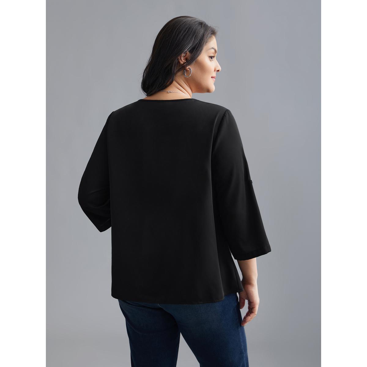 Plus Size Black Plain V Neck Half Zip Tab Sleeve Blouse Women Leisure Elbow-length sleeve V-neck Casual Blouses BloomChic 30/6X Product Image