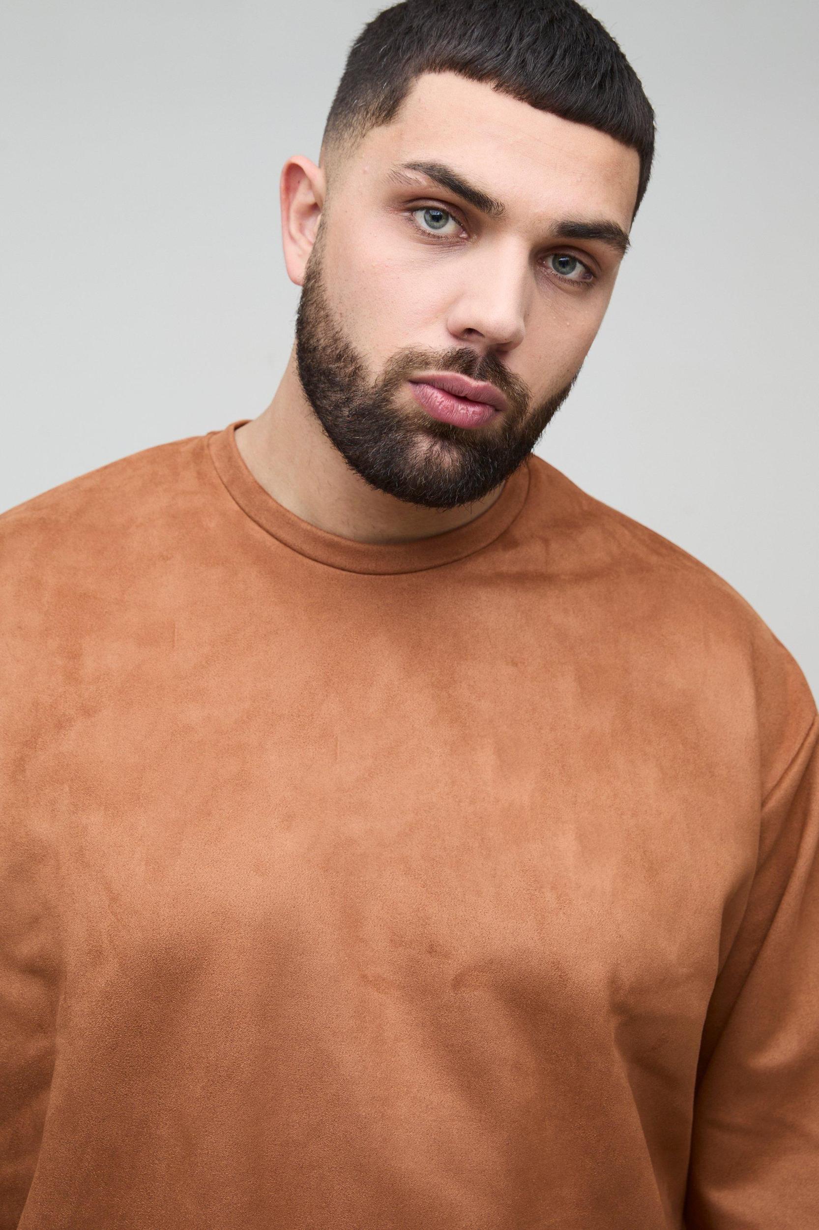 Plus Oversized Boxy Faux Suede Sweatshirt | boohooMAN USA Product Image