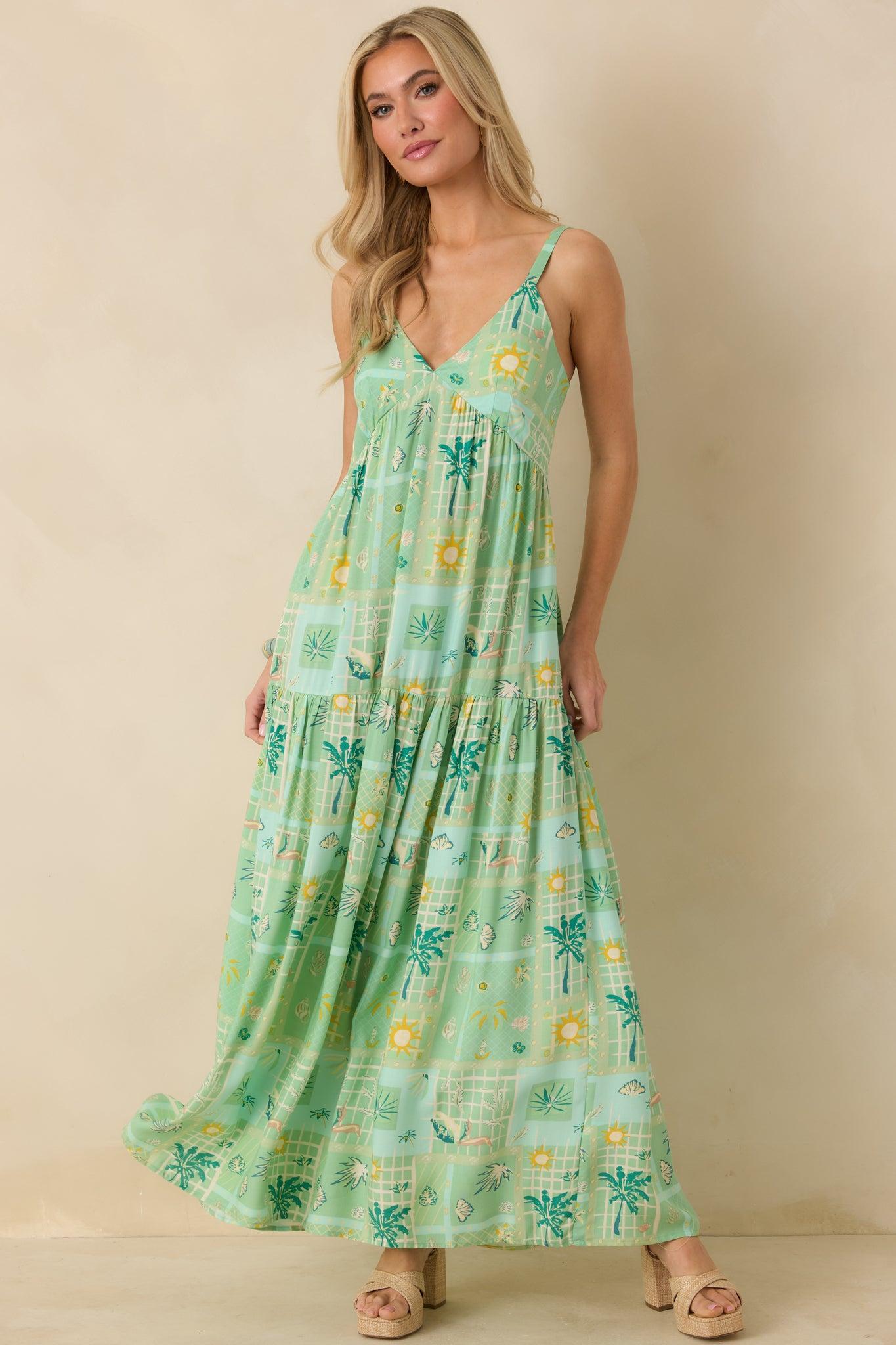 Sunlit Getaway Green Multi Tropical Sleeveless Maxi Dress L / Light Green Product Image