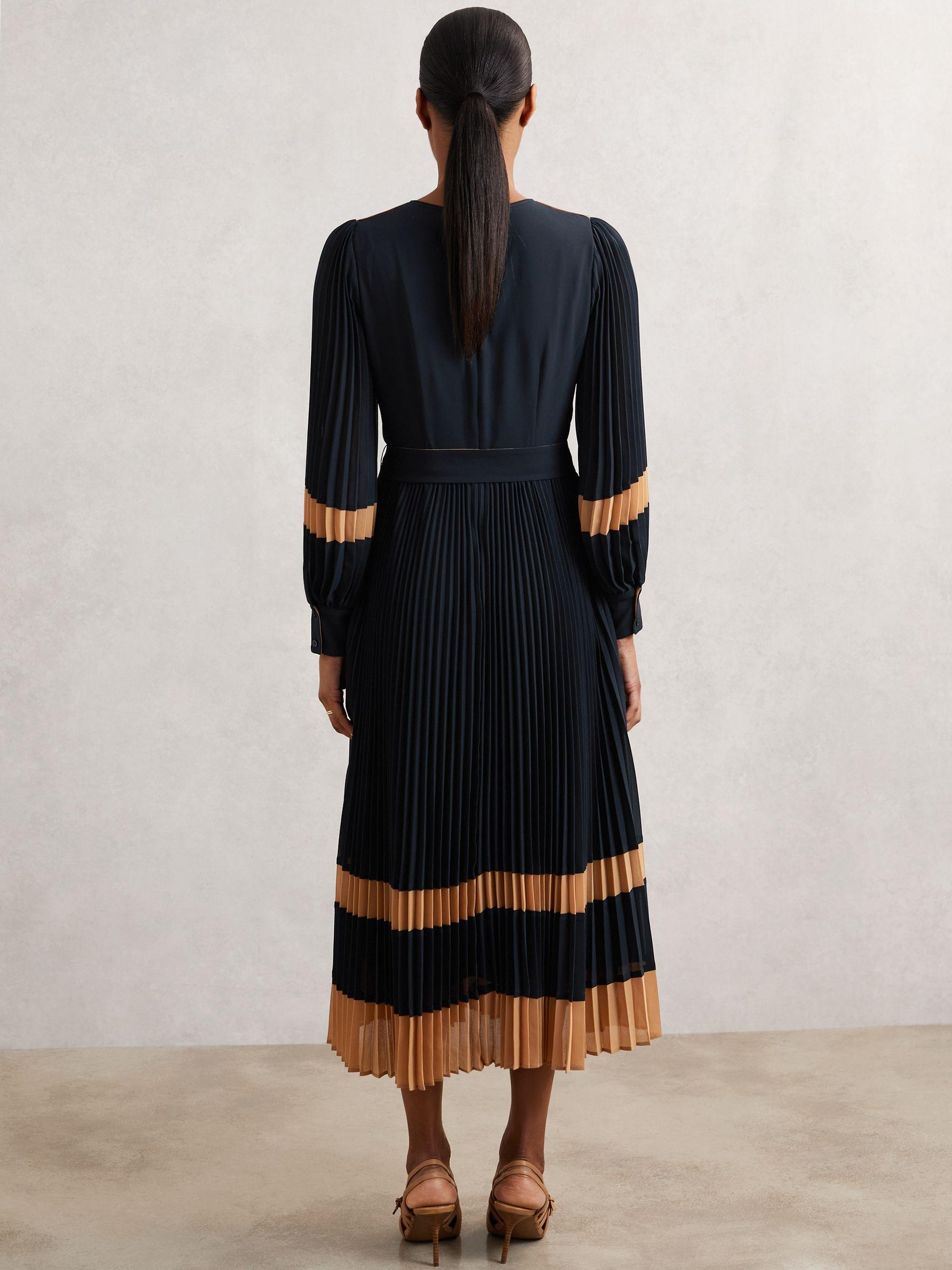 Colour-Block Pleated Midi Dress in Navy/Camel Product Image