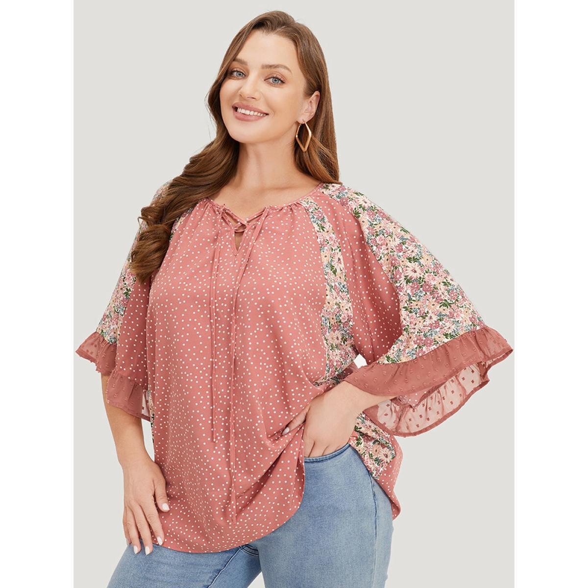 Plus Size Rouge Polka Dot & Ditsy Floral Flounce Sleeve Lace Up Blouse Women Elegant Half Sleeve Tie Neck Dailywear Blouses BloomChic 10/M Product Image