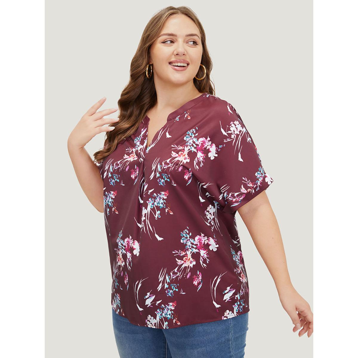 Plus Size Scarlet Floral Roll Batwing Sleeve Notched Neck Blouse Women Elegant Short sleeve Notched collar Dailywear Blouses BloomChic 30/6X Product Image