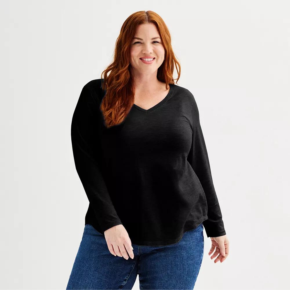 Plus Size Sonoma Goods For Life® Everyday Long Sleeve V-Neck Tee, Women's, Size: 1XL, Pitch Black Product Image