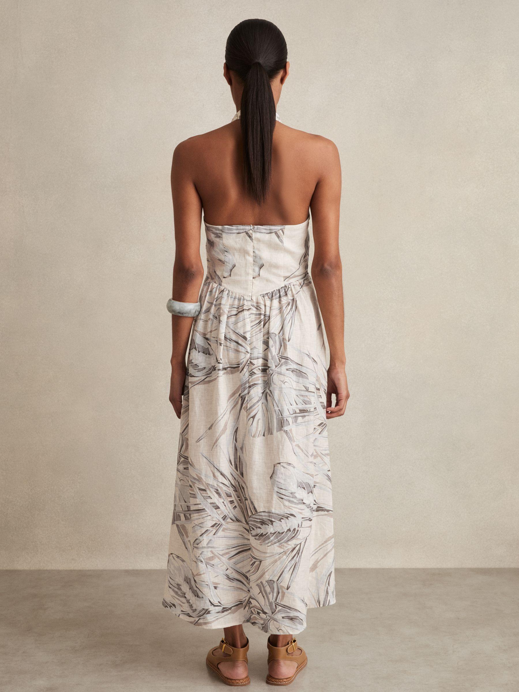 Petite Linen Palm Print Halterneck Midi Dress in Neutral Product Image