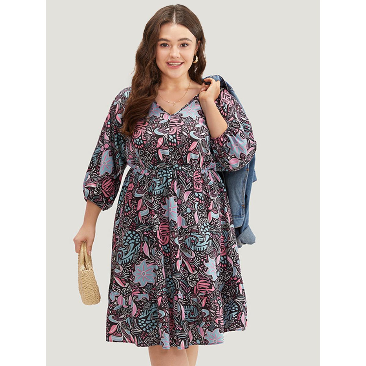 Plus Size Floral Print Lantern Sleeve Elastic Waist Dress Multicolor Women Vacation Elastic cuffs V-neck Elbow-length sleeve Curvy Midi Dress BloomChic 12/L Product Image