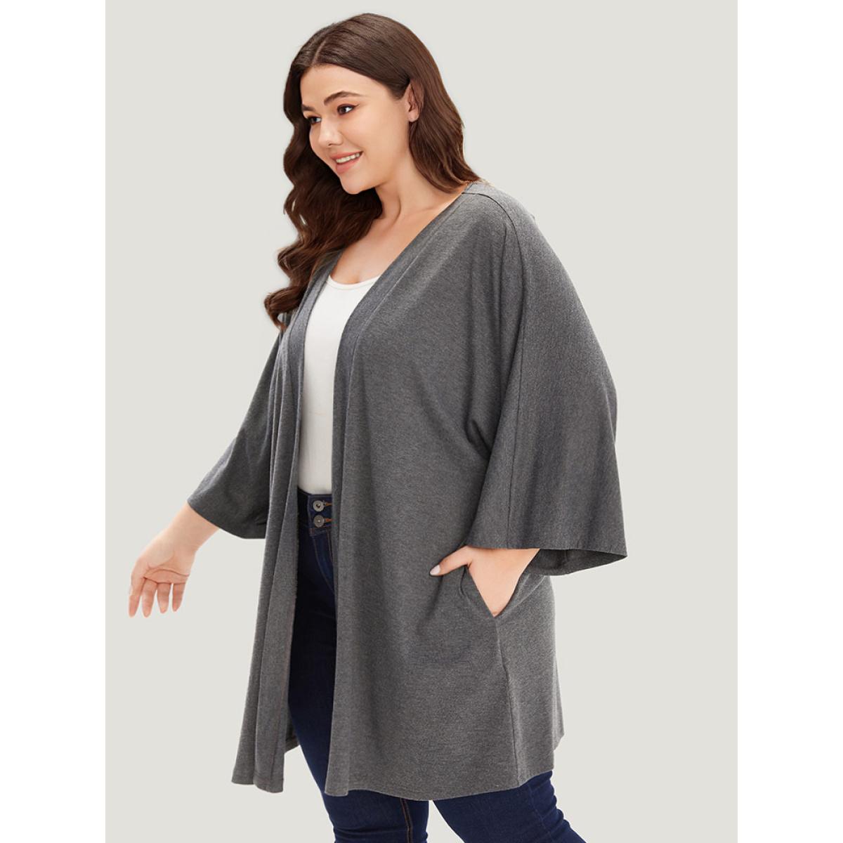 Plus Size Supersoft Essentials Plain Open Front Pocket Batwing Sleeve Kimono Women DarkGray Casual Plain Loose Pocket Dailywear Kimonos BloomChic 10/M Product Image