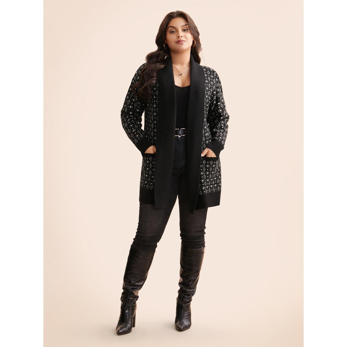 Plus Size Supersoft Essentials Geometric Jacquard Drop Shoulder Cardigan Black Women Casual Loose Long Sleeve Everyday Cardigans BloomChic 12/L Product Image
