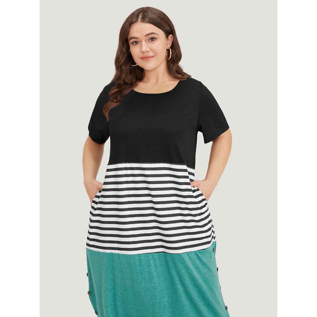 Plus Size Supersoft Essentials Striped Colorblock Arc Hem Button Detail Dress Black Women Casual Arc Hem Round Neck Short sleeve Curvy Midi Dress BloomChic 30/6X Product Image