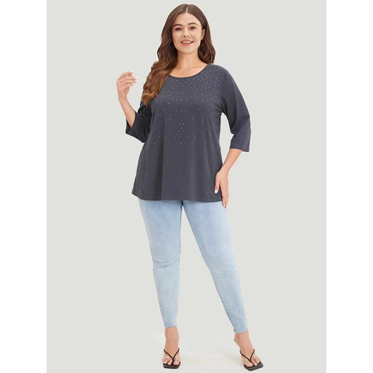 Plus Size Solid Rhinestone Detail Crew Neck T-shirt Indigo Women Elegant Plain Round Neck Dailywear T-shirts BloomChic 22-24/3X Product Image