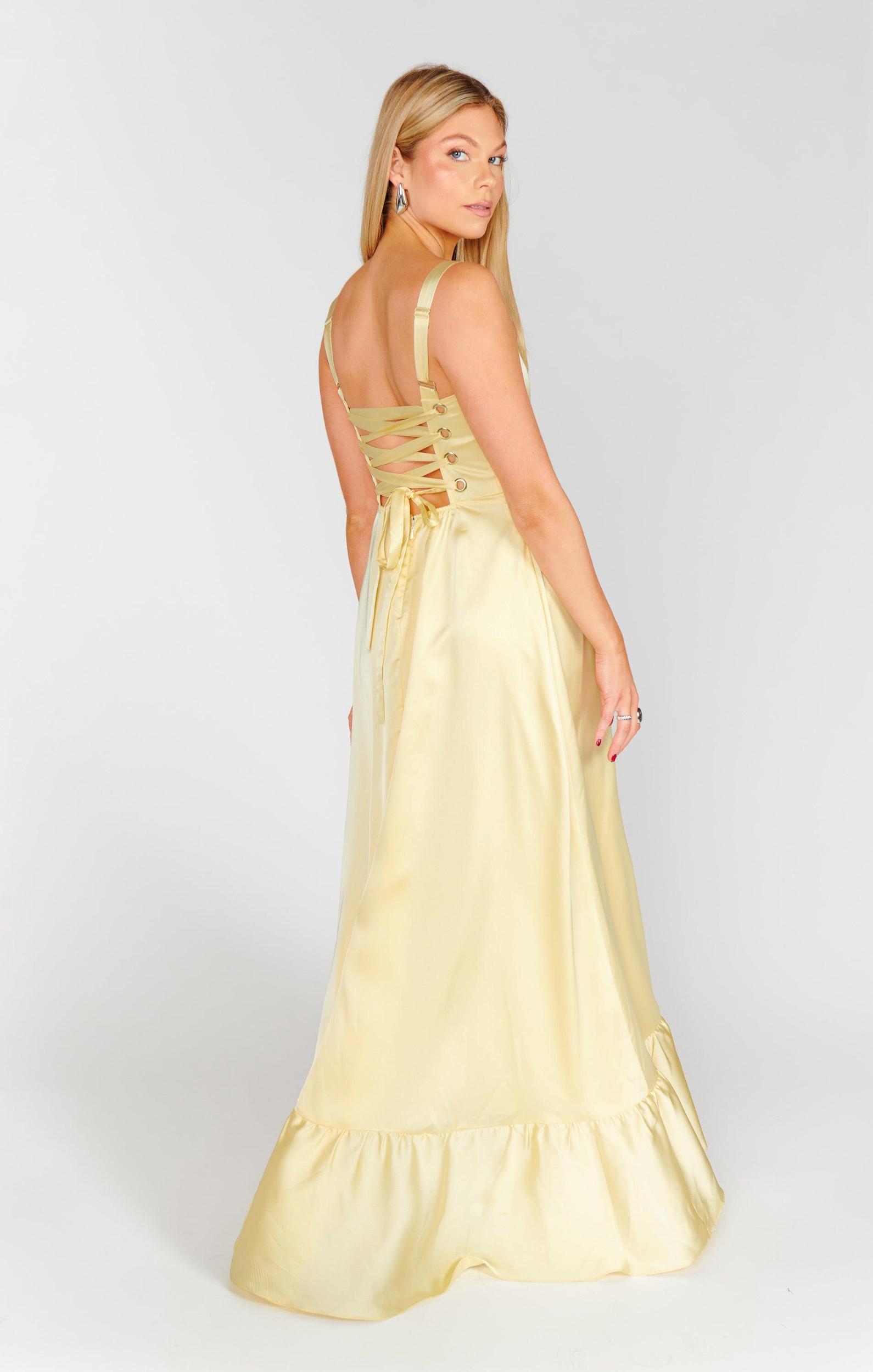 Clarissa Corset Dress ~ Pale Yellow Luxe Satin Product Image
