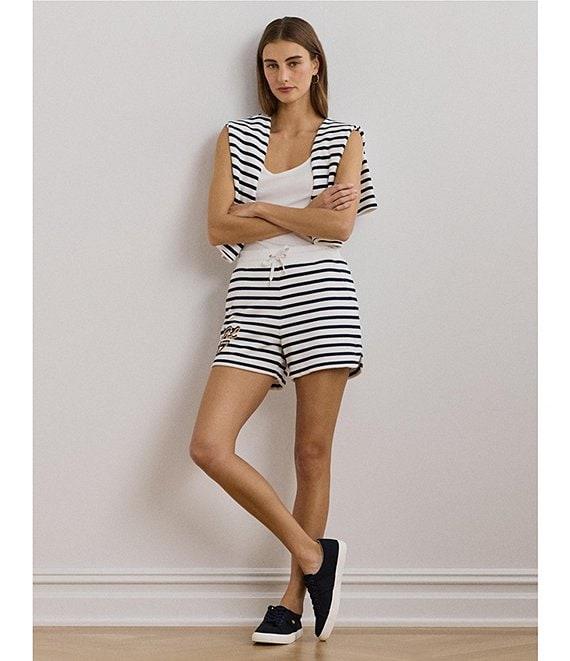 Lauren Ralph Lauren Striped French Terry Embroidered High Rise Shorts Product Image