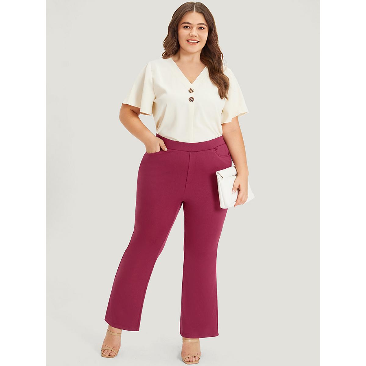 Plus Size Plain Slant Pocket Elastic Waist High Rise Bootcut Pants Women Burgundy Office Bodycon High Rise Work Pants BloomChic 12/L Product Image