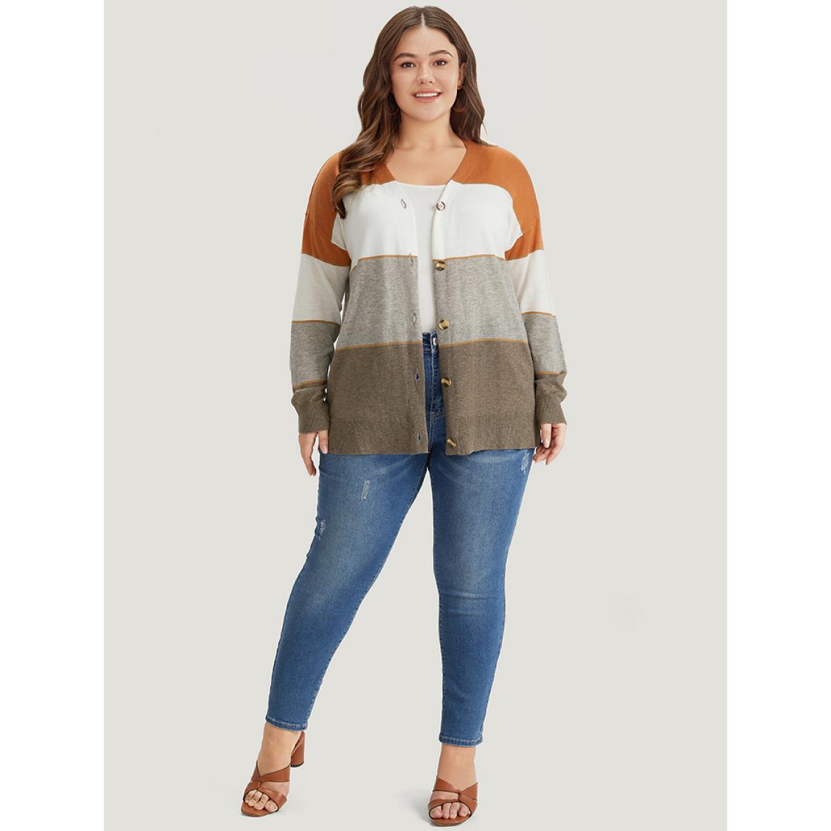 Plus Size Supersoft Essentials Colorblock Contrast Button Up Lightweight Cardigan Gray Women Casual Long Sleeve Dailywear Cardigans BloomChic 22-24/3X Product Image
