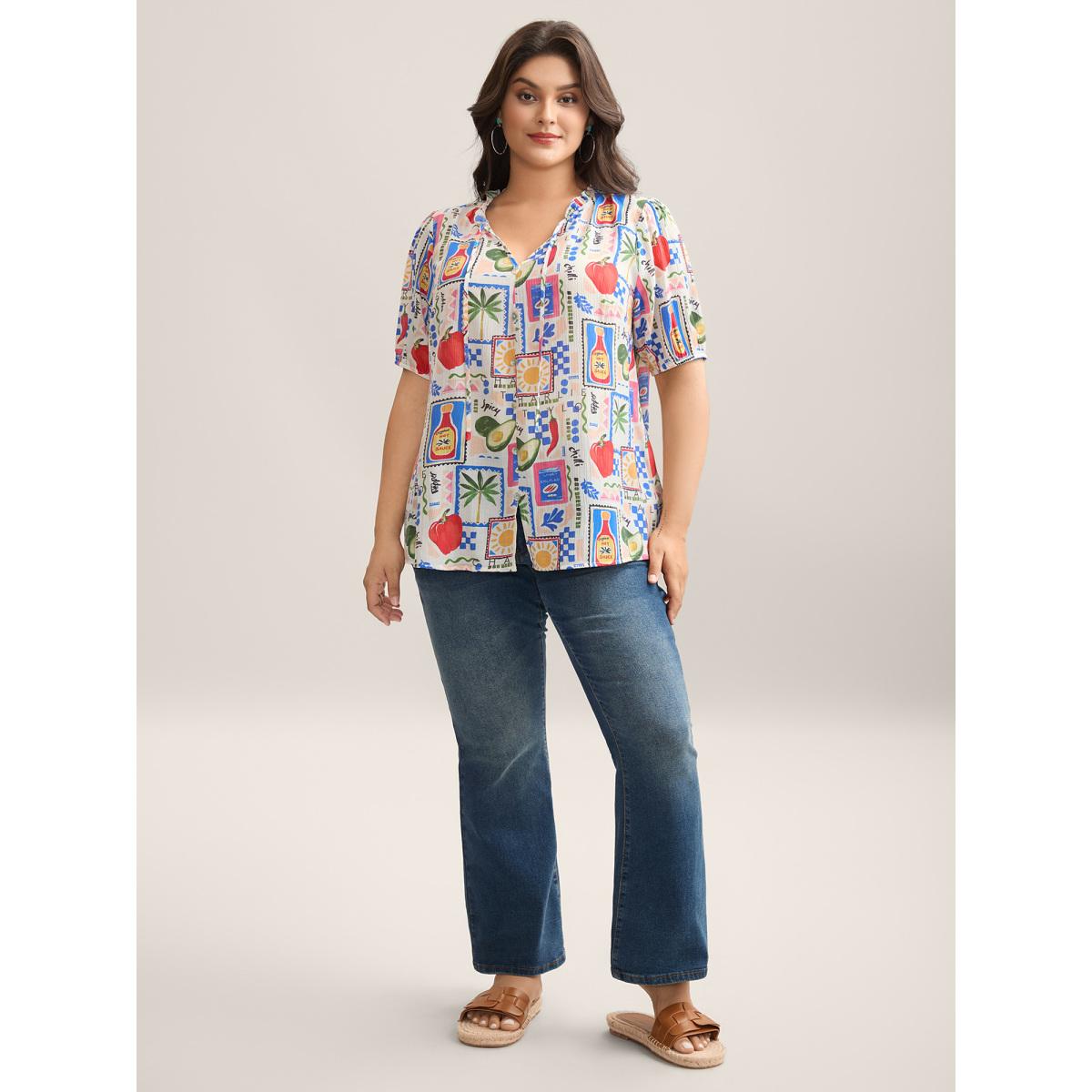 Plus Size Multicolor Supersoft Sunny Adventure Print Blouse Women Short sleeve V-neck Vacation Blouses BloomChic 18-20/2X Product Image