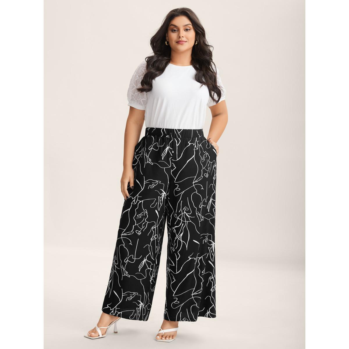 Plus Size Abstract Print Flowy Wide-Leg Pants Women Black Office Wide Leg Mid Rise Office Pants BloomChic 12/L Product Image