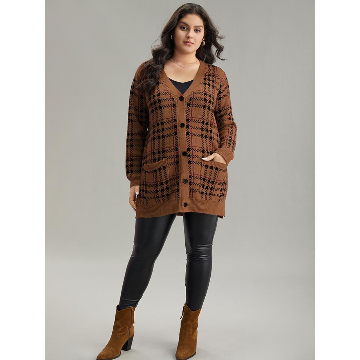 Plus Size Plaid & Houndstooth Print Patched Pocket Cardigan DarkBrown Women Casual Loose Long Sleeve Dailywear Cardigans BloomChic 28/5X Product Image