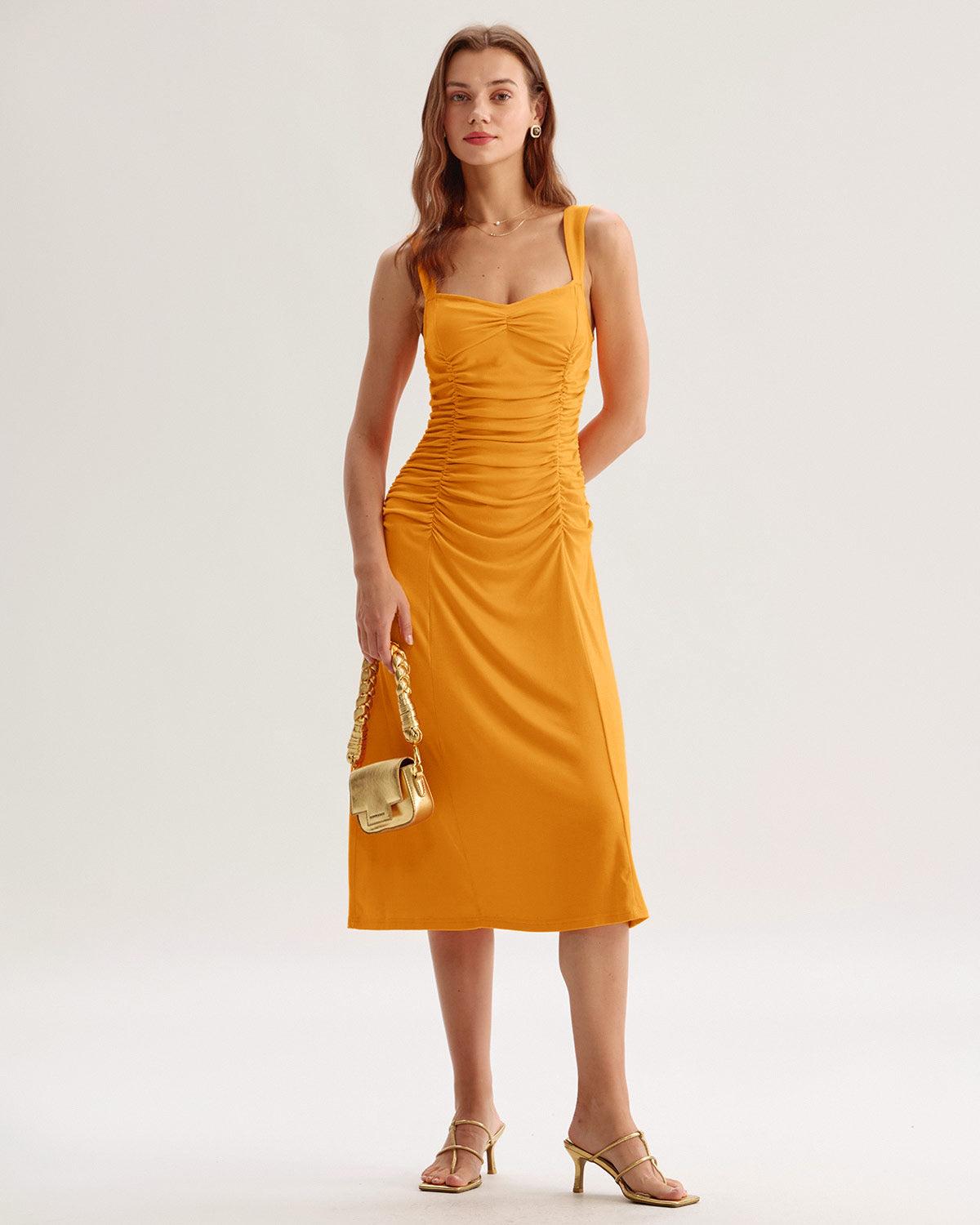 Orange Ruched Knitted Slip Midi Dress Product Image