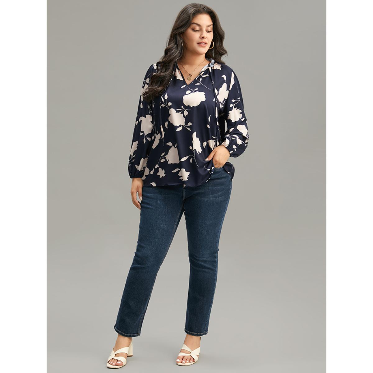 Plus Size Indigo Silhouette Floral Print Stand Collar Tie Neck Blouse Women Elegant Long Sleeve Tie Neck Dailywear Blouses BloomChic 10/M Product Image