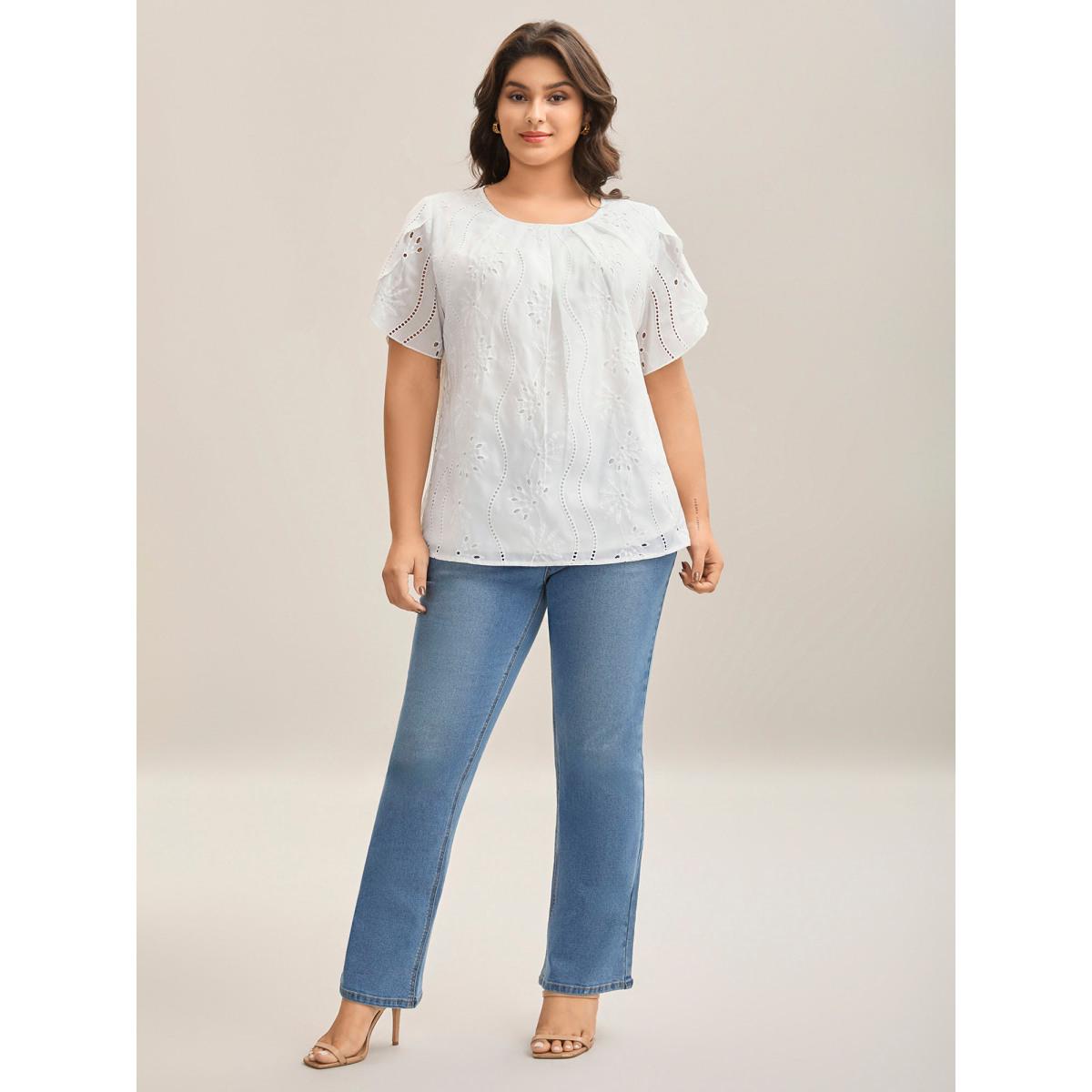 Plus Size WhiteSmoke Embroidered Eyelet Trim Pleated Shirt Women Short sleeve Round Neck Everyday-Elegant Blouses BloomChic 12/L Product Image