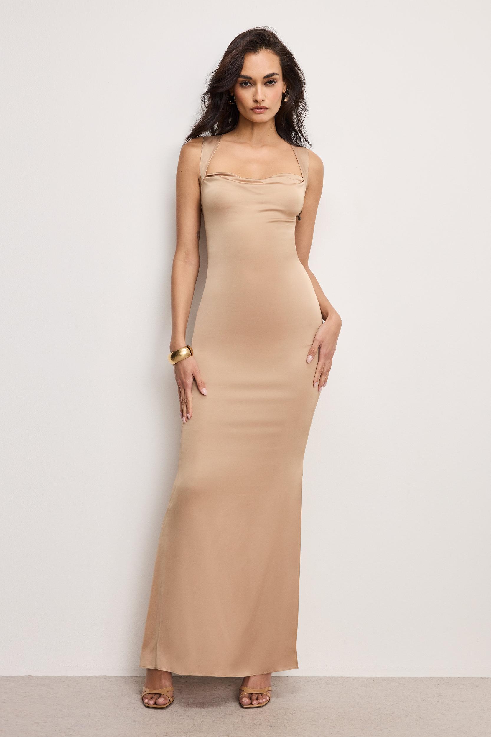 SATIN LACE UP MAXI DRESS | BRONZE Product Image