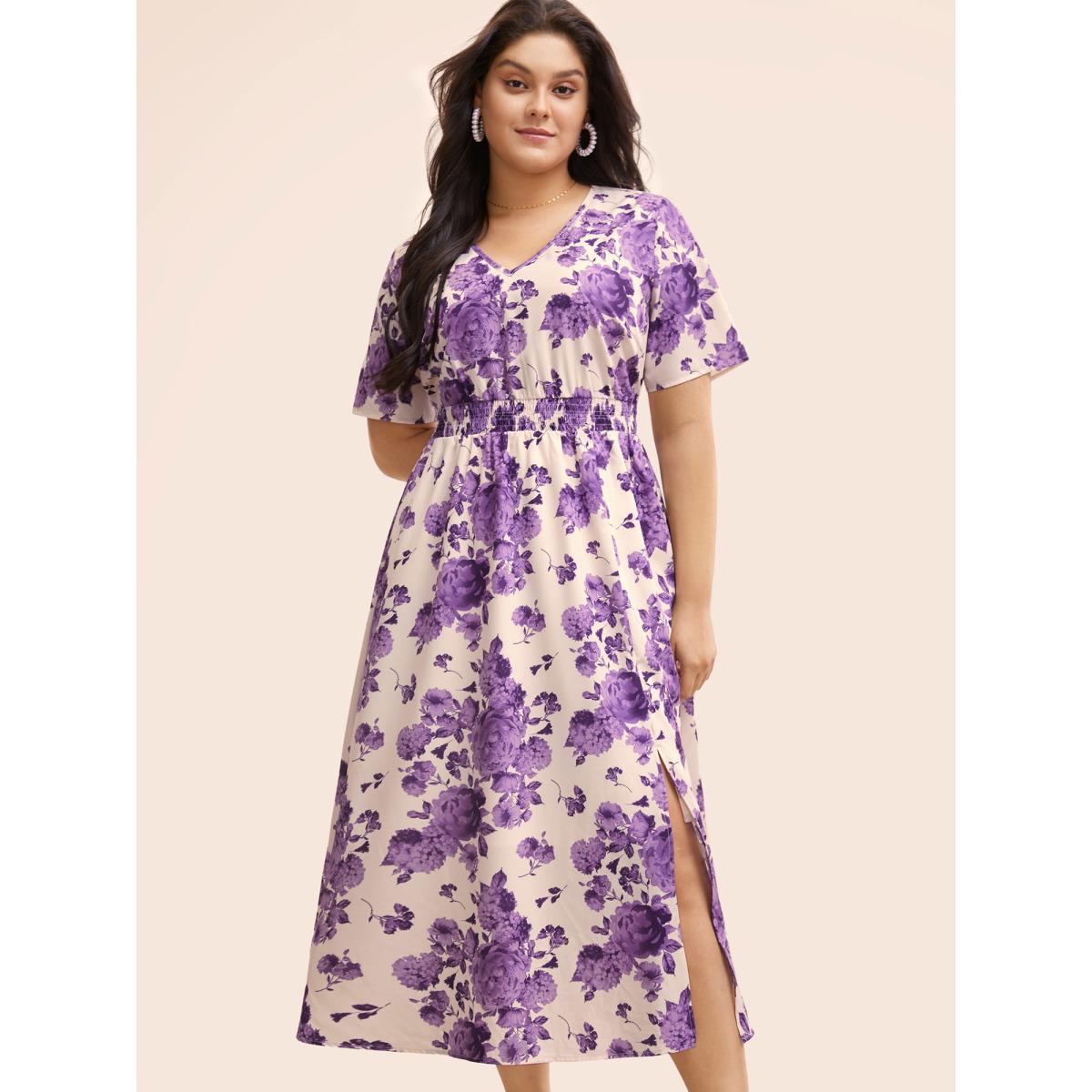 Plus Size Floral Print Split Side Shirred Dress BlueViolet Women Elegant Shirred V-neck Short sleeve Curvy BloomChic 18-20/2X Product Image