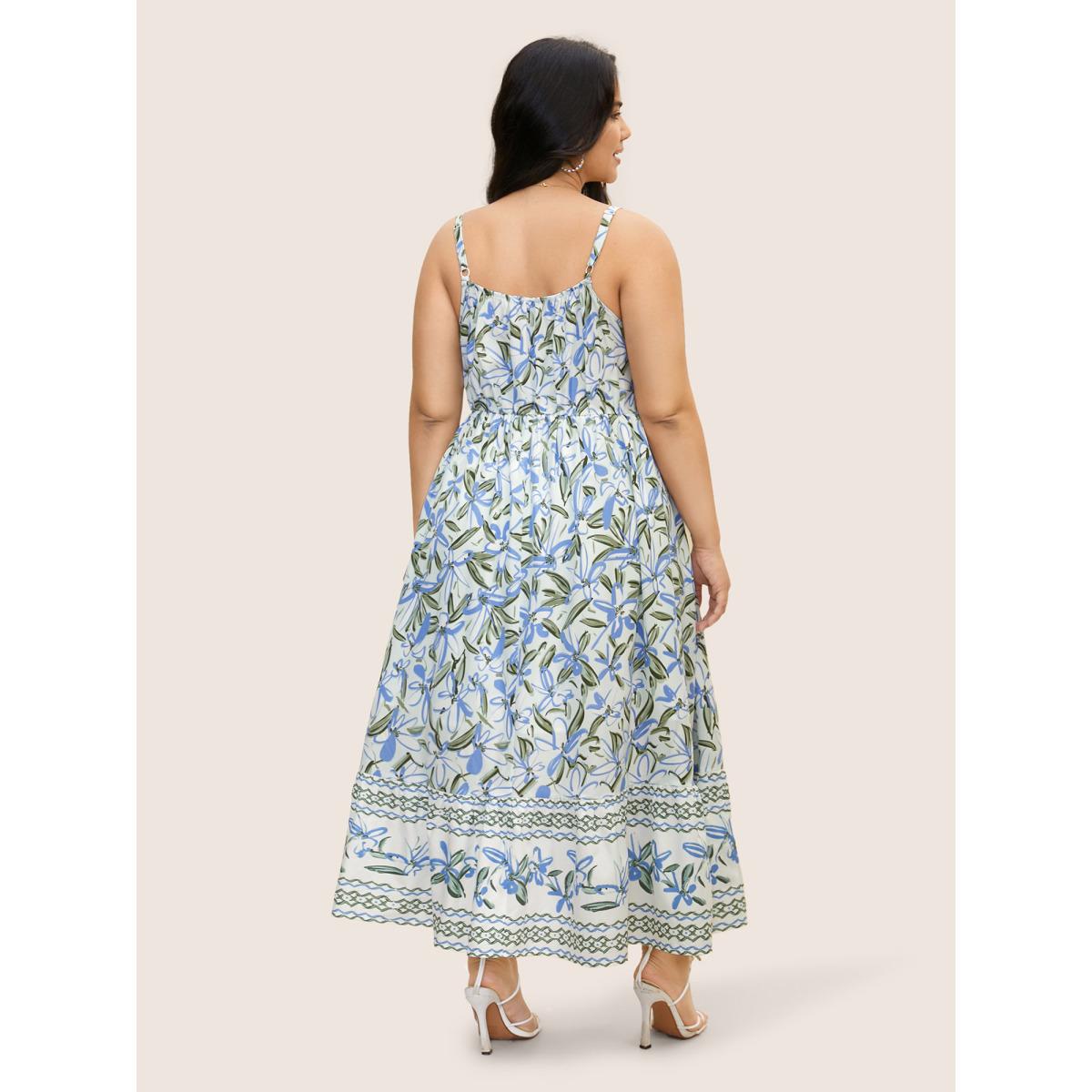 Plus Size Floral Elastic Waist Pocket Maxi Dress White Women Resort Belted Square Neck Sleeveless Curvy BloomChic 26/4X Product Image