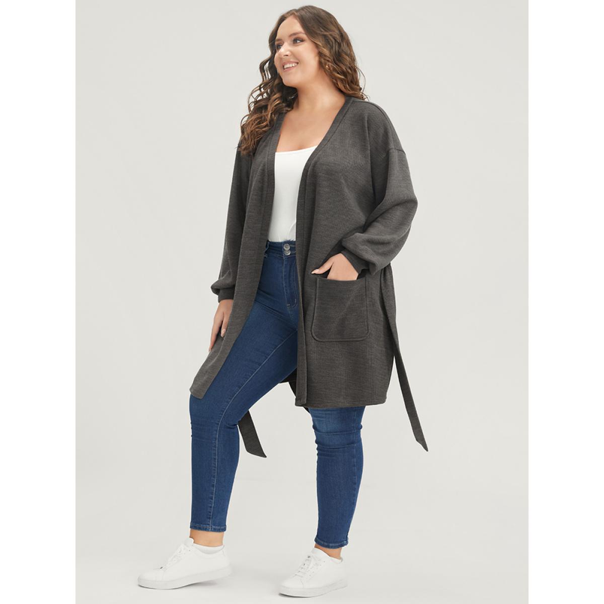 Plus Size Solid Pocket Belted Open Front Heather Coat Women DarkGray Casual Heather Ladies Dailywear Winter Coats BloomChic 28/5X Product Image