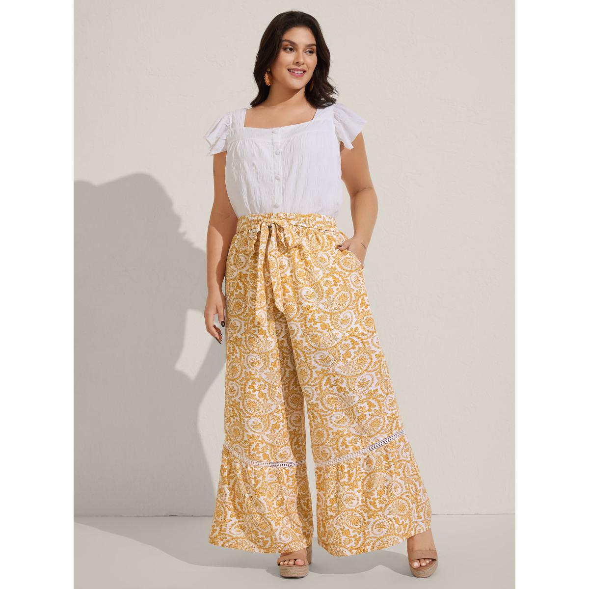 Plus Size Paisely Print Lace Trim Wide-Leg Pants Women Lightyellow Boho Wide Leg Mid Rise Vacation Pants BloomChic 26/4X Product Image