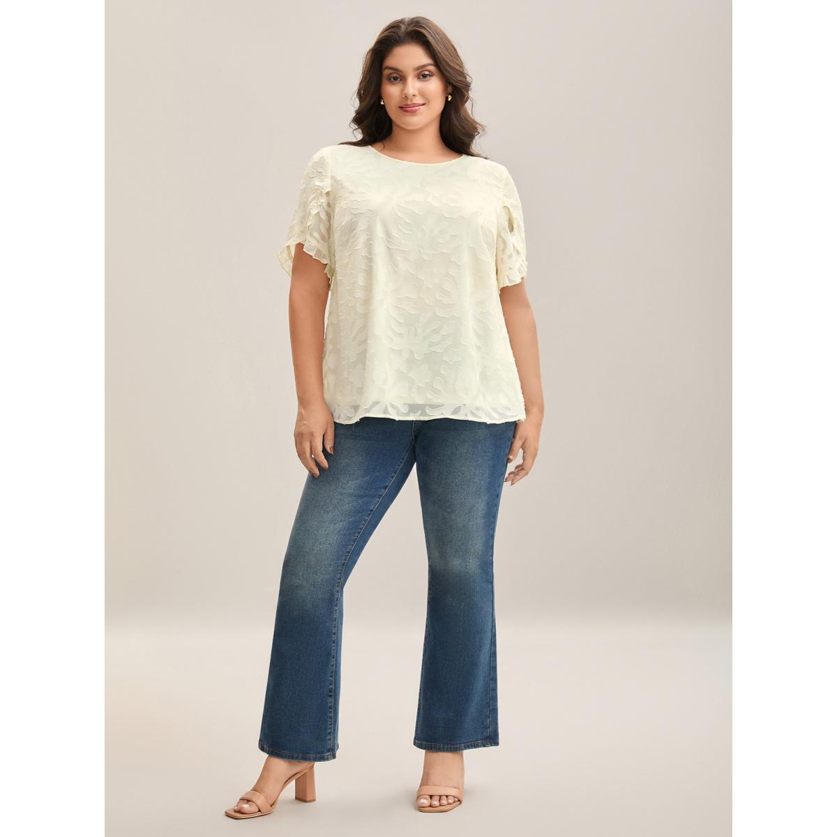 Plus Size Ivory Chiffon Floral Textured Ruffled Blouse Women Elegant Short sleeve Round Neck Everyday-Elegant Blouses BloomChic 30/6X Product Image