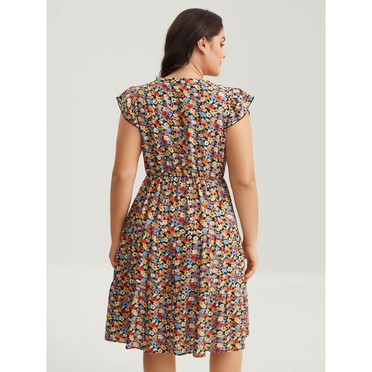 Plus Size Rayon Colorful Floral Print Tiered Pockets Midi Dress Multicolor Women Leisure Notched collar Cap Sleeve Curvy BloomChic 26/4X Product Image