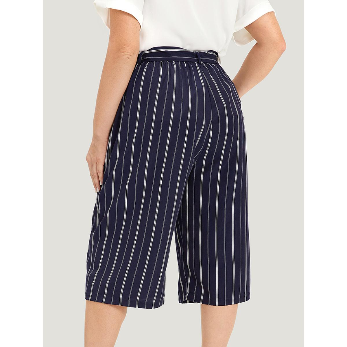 Plus Size Striped Belted Pocket High Rise Cropped Pants Women Indigo Office Straight Leg High Rise Office Pants BloomChic 14-16/1X Product Image