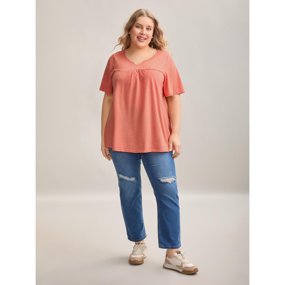 Plus Size Heathered Split Neckline Plain T-Shirt Coral Women Casual Gathered Notched collar Everyday T-shirts BloomChic 12/L Product Image