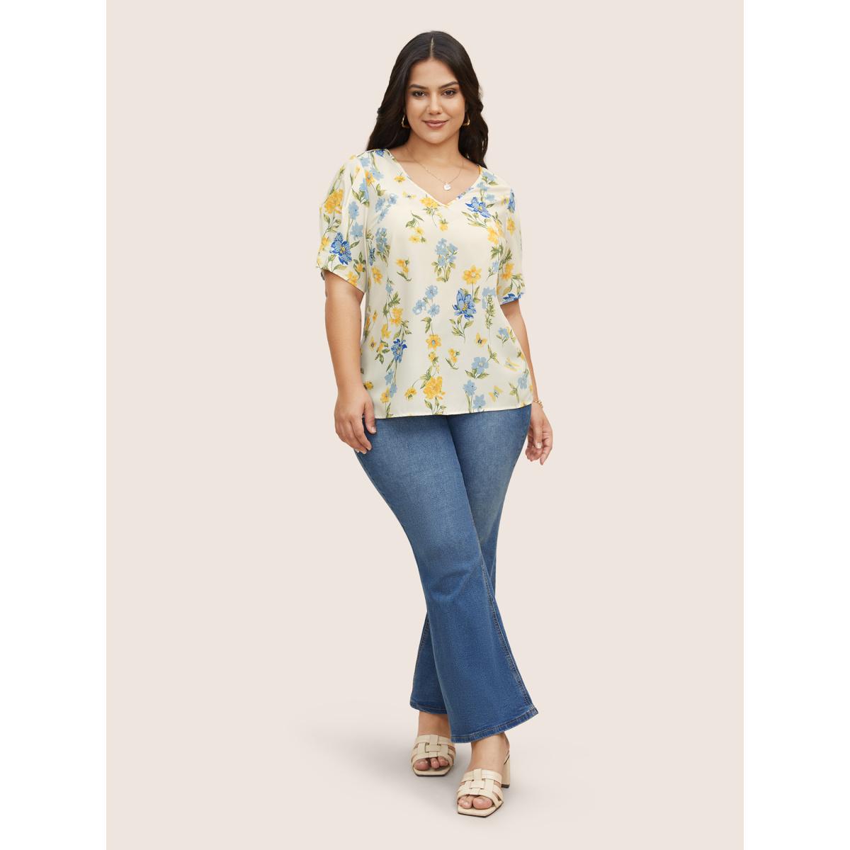 Plus Size Lemonyellow Floral & Butterfly V Neck Bishop Sleeve Blouse Women Elegant Half Sleeve V-neck Everyday Blouses BloomChic 14-16/1X Product Image