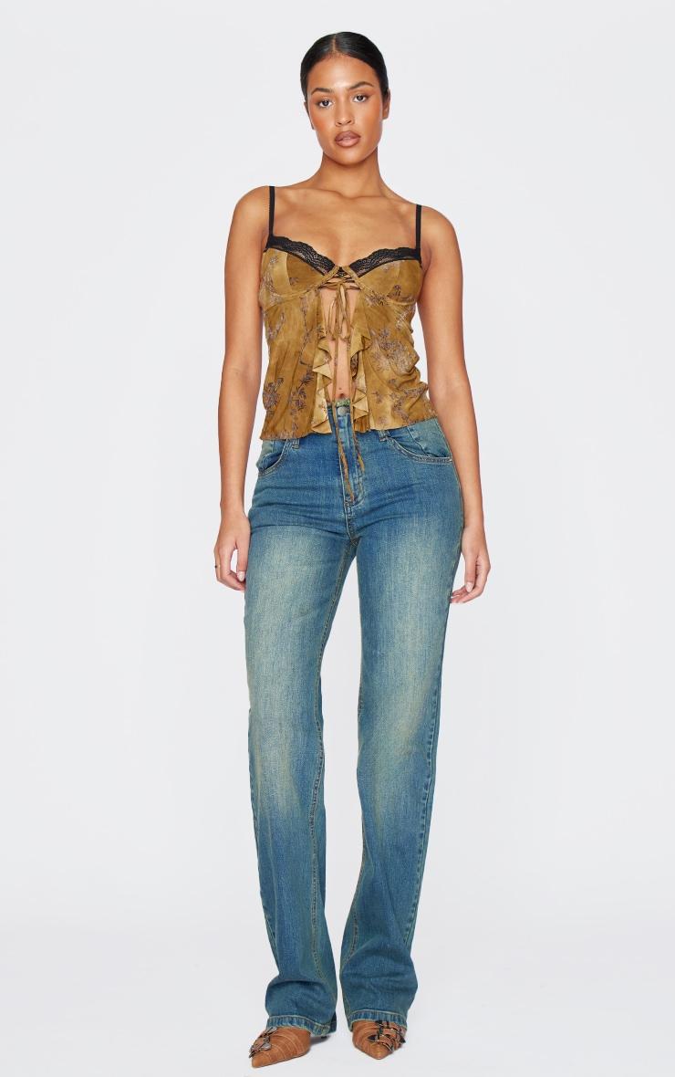 Tall Green Devore Lace Trim Strappy Long Top Product Image