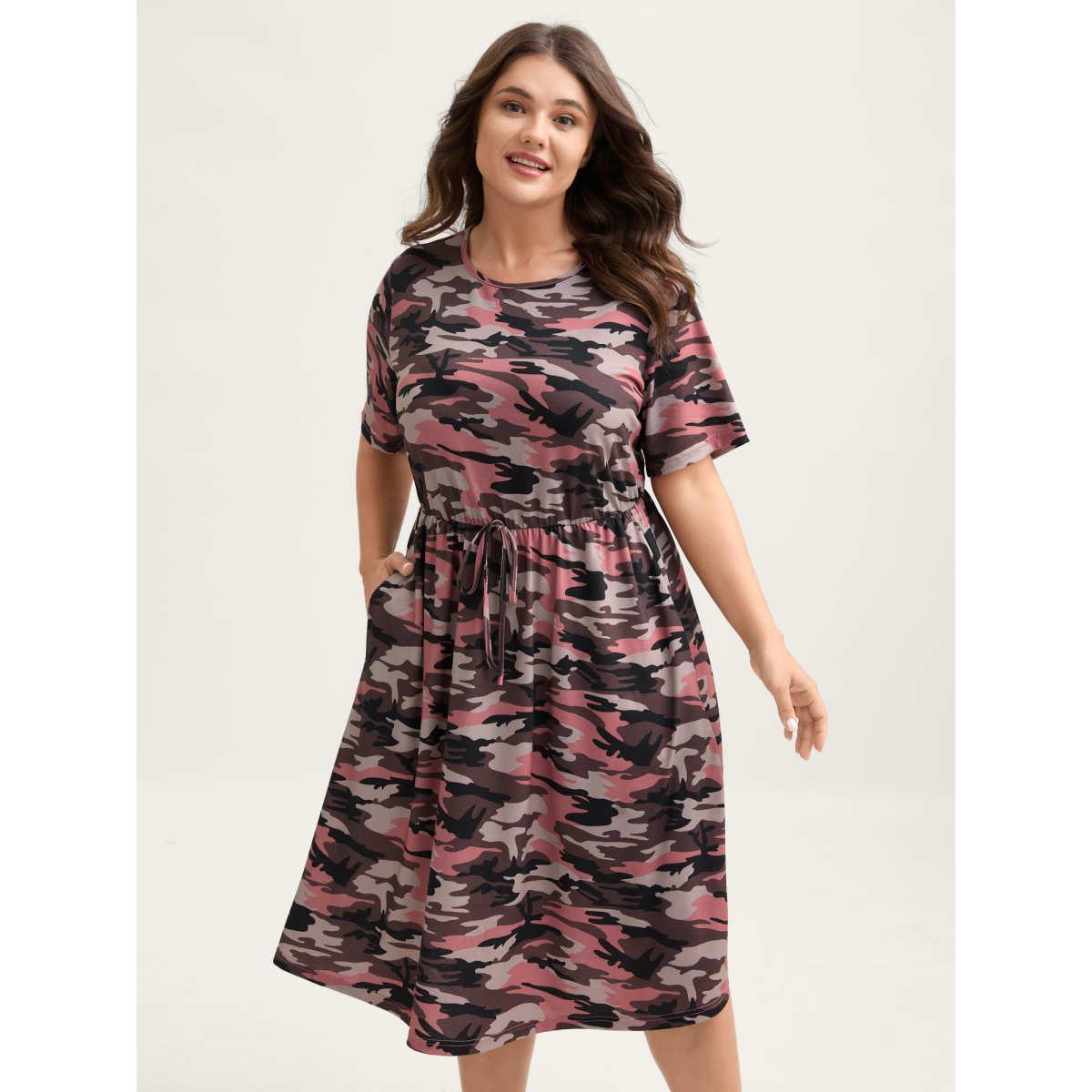 Plus Size Camouflage Print Round Neck Pockets Midi Dress Heather Women Casual Tie knot Knit Dresses Bloomchic 22-24/3X Product Image