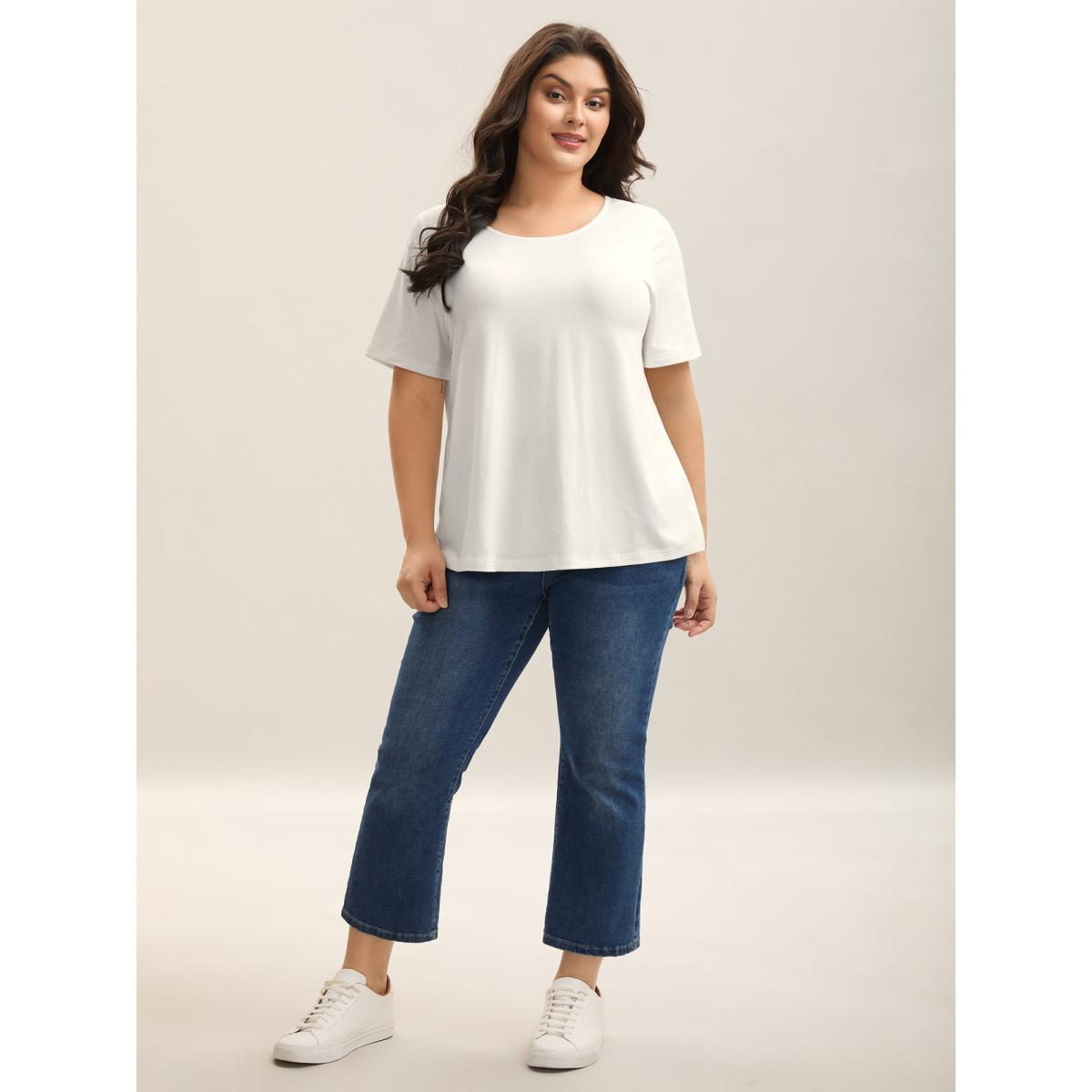 Plus Size Lace Trim Backless Plain T-Shirt Originalwhite Women Woven ribbon&lace trim Round Neck Everyday-Casual T-shirts BloomChic 26/4X Product Image