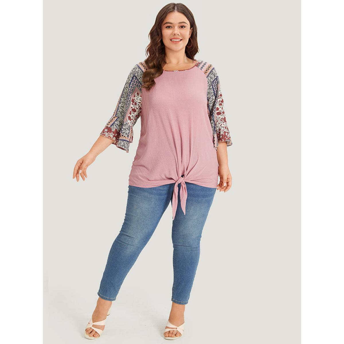 Plus Size DustyPink Bandana Patchwork Knotted Bell Sleeve Blouse Women Elegant Elbow-length sleeve Round Neck Dailywear Blouses BloomChic 30/6X Product Image
