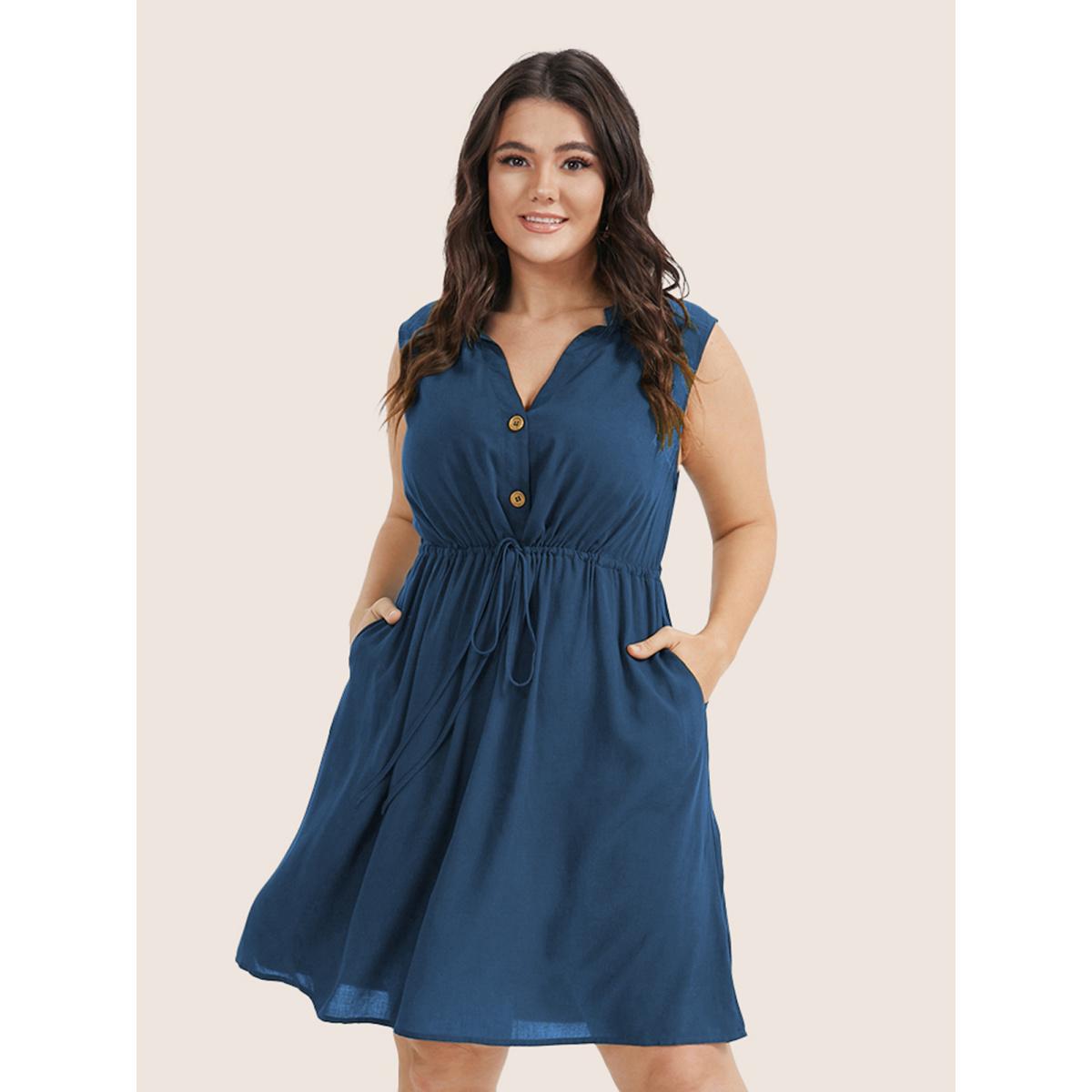 Plus Size Plain Ties Front Button Pocket V Neck Dress Aegean Women Work From Home Button V-neck Sleeveless Curvy Knee Dress BloomChic 22-24/3X Product Image