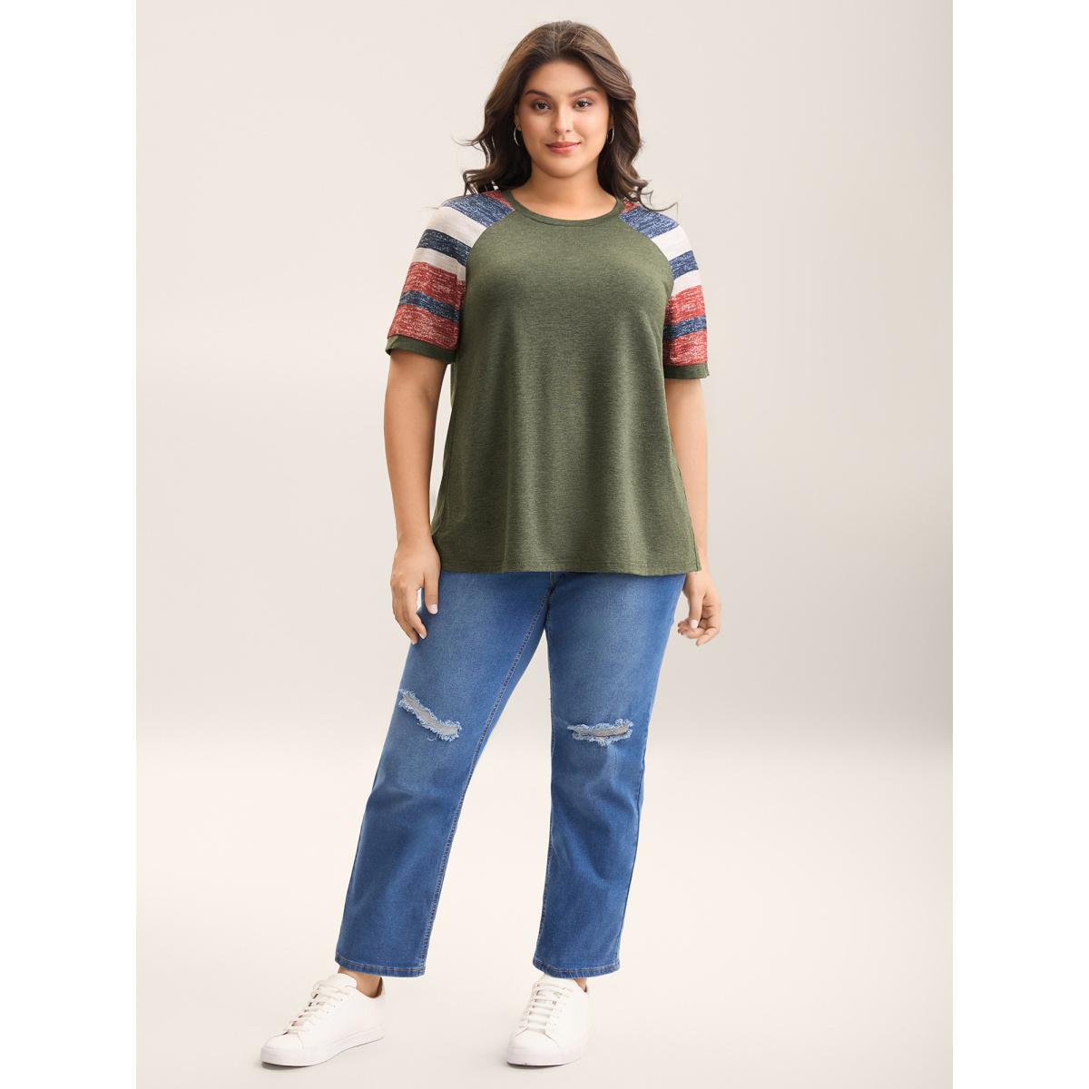 Plus Size Striped Raglan Sleeve Plain T-Shirt ArmyGreen Women Leisure Contrast Round Neck Casual T-shirts BloomChic 30/6X Product Image