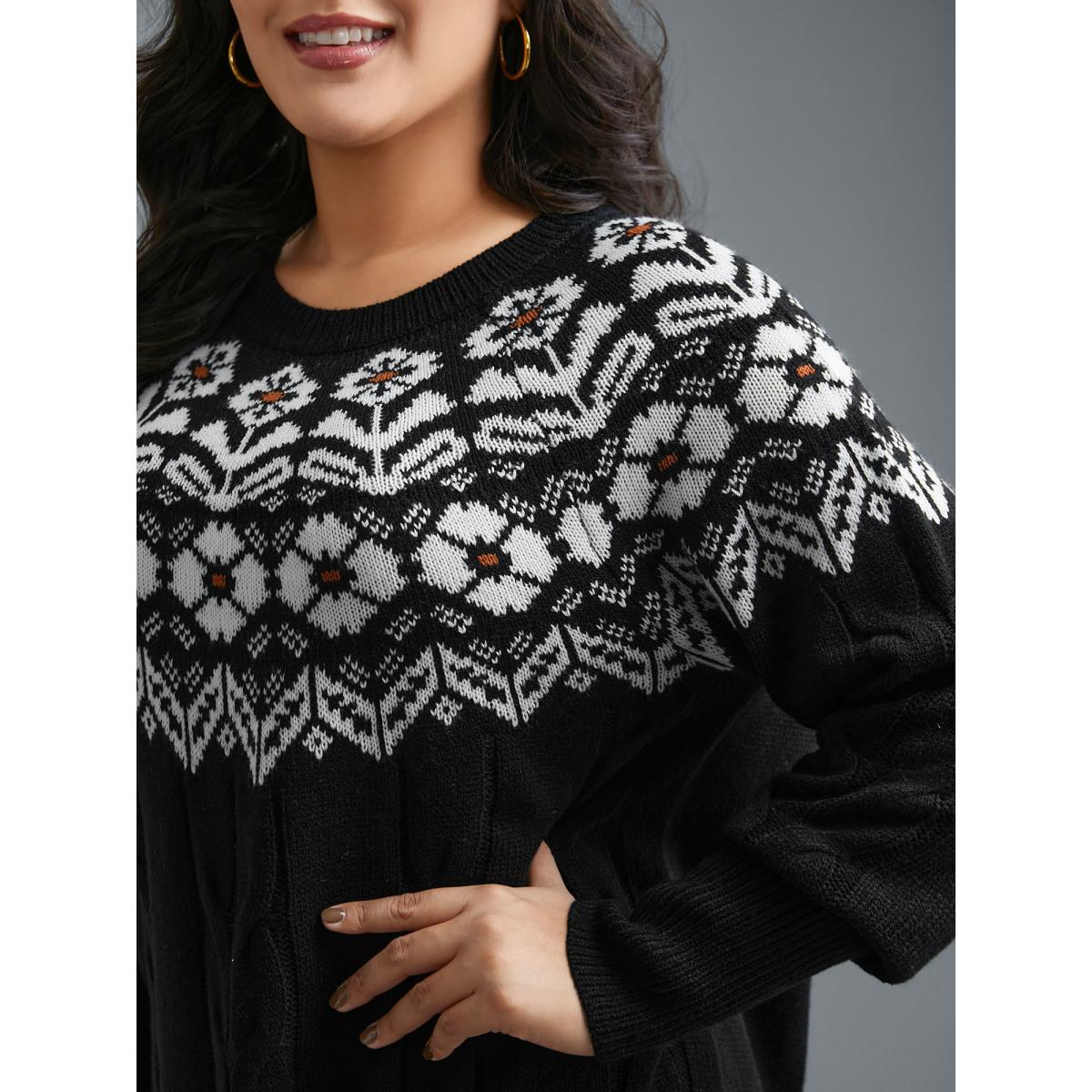 Plus Size Floral Cable Knit Curved Hem Pullover Black Women Casual Loose Long Sleeve Round Neck Everyday Pullovers BloomChic 14-16/1X Product Image