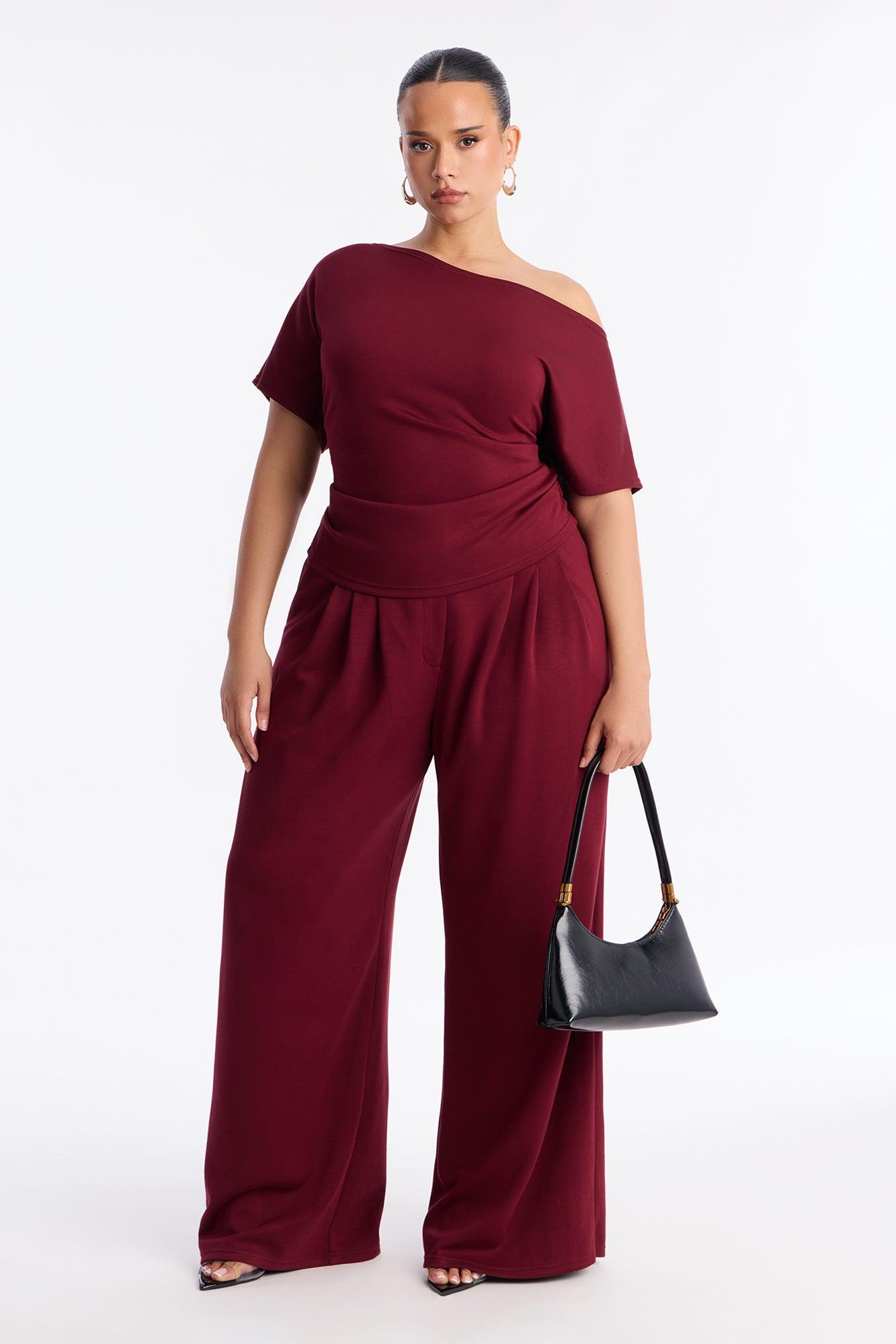 Alina Off Shoulder Wide Leg Pant Set - Burgundy Female Product Image