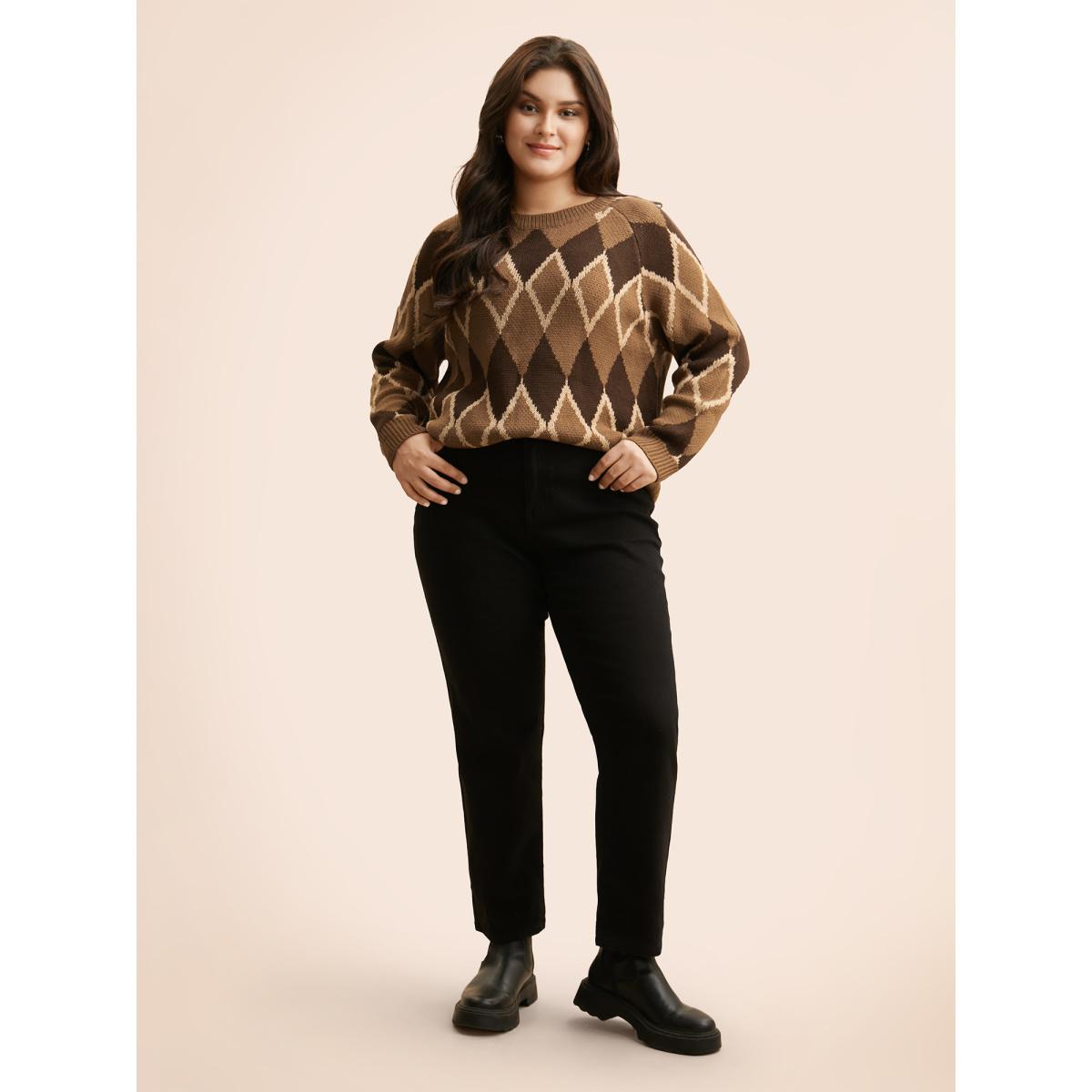 Plus Size Plaid Crew Neck Raglan Sleeve Cardigan Browncoffeecolor Women Leisure Loose Long Sleeve Round Neck Casual Pullovers BloomChic 18-20/2X Product Image