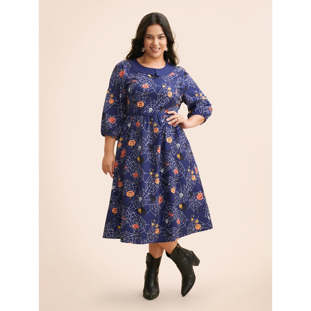 Plus Size Pumpkin Patch Retro Collared Midi Dress DarkBlue Women Cocktail Contrast Party Curvy Bloomchic 28/5X Product Image