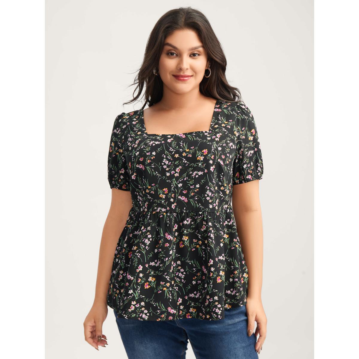 Plus Size Black Floral Print Bow Back Detail Blouse Women Timeless Short sleeve Square Neck Elegant Blouses BloomChic 10/M Product Image