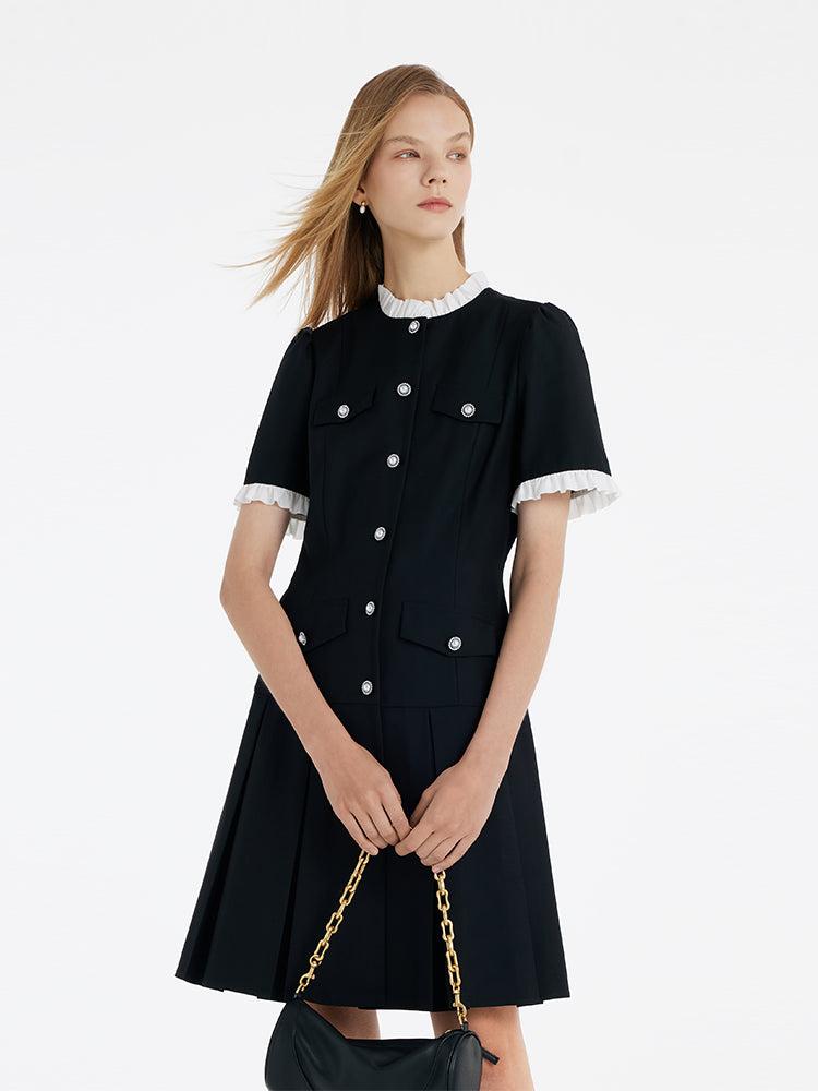 Ruffle Trim Pearl Buttons Women Mini Dress Product Image