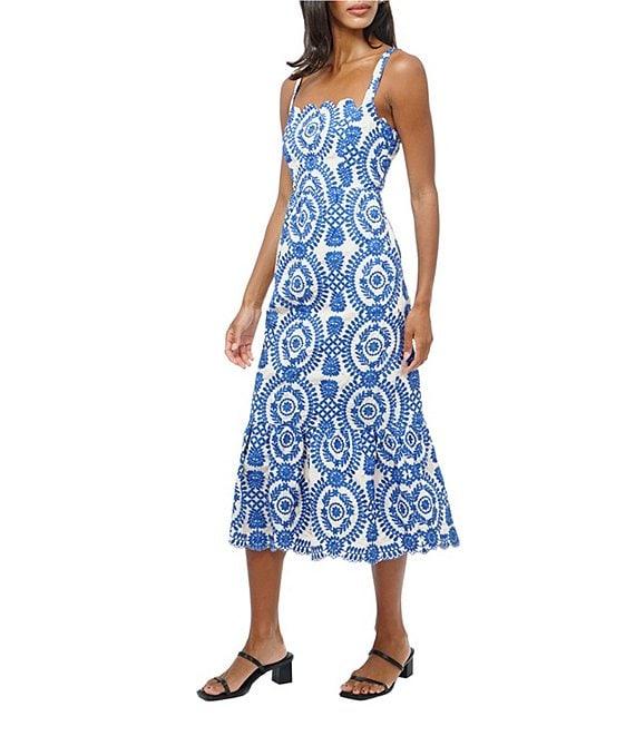 Adelyn Rae Shanna Embroidered Abstract Print Square Neck Sleeveless Fit and Flare Midi Dress Product Image