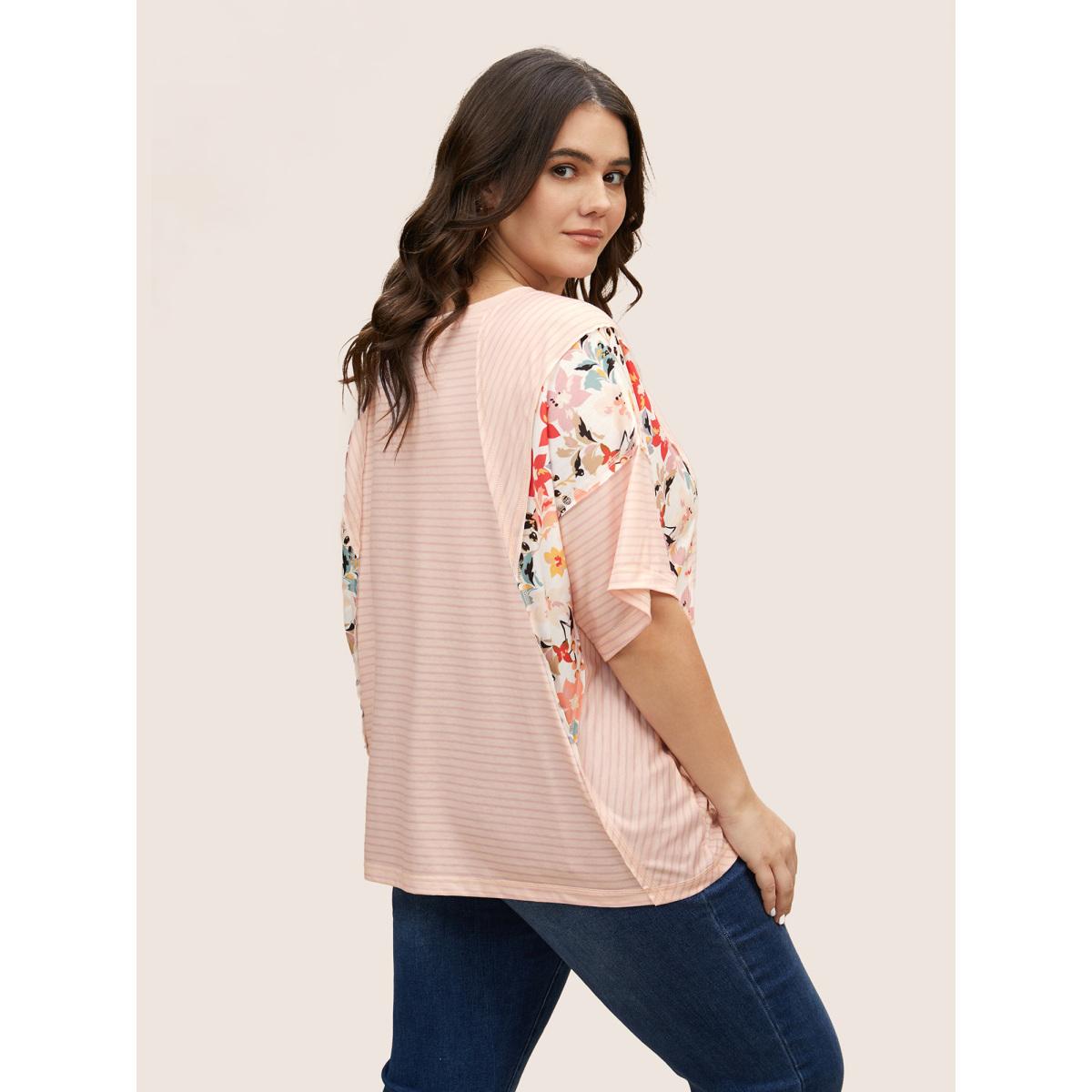 Plus Size Crew Neck Striped Patchwork Floral Print T-shirt MistyRose Women Casual Contrast Natural Flowers Round Neck Everyday T-shirts BloomChic 30/6X Product Image